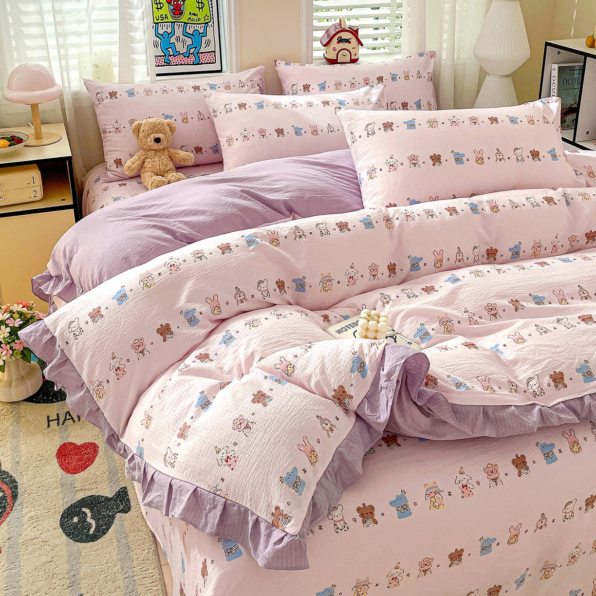 91家纺网 家纺一手货源 找家纺 纽缦家纺 2026新款云感提花双层纱韩版床单三件套四件套 动物游园