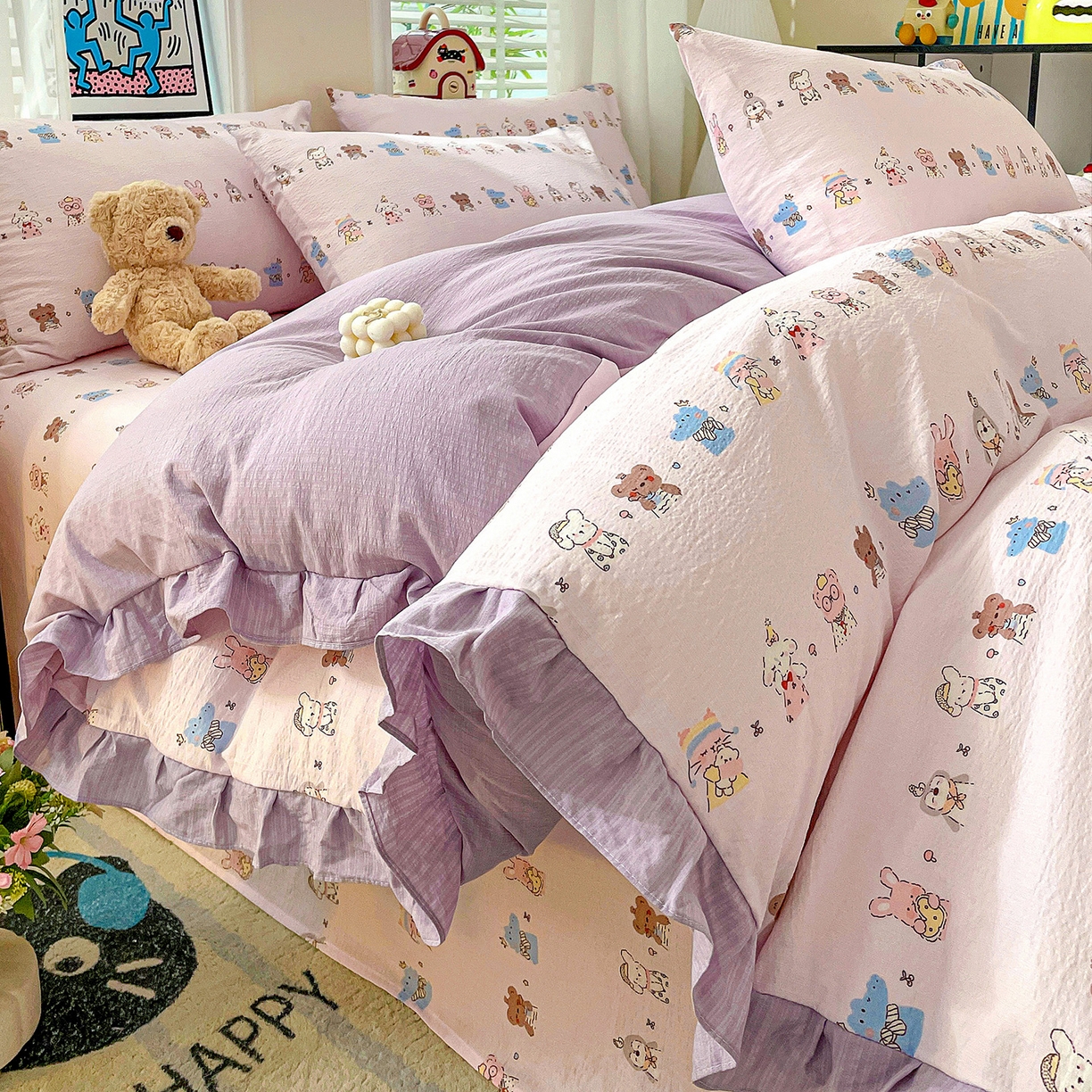 91家纺网 家纺一手货源 找家纺 纽缦家纺 2026新款云感提花双层纱韩版床单三件套四件套 动物游园