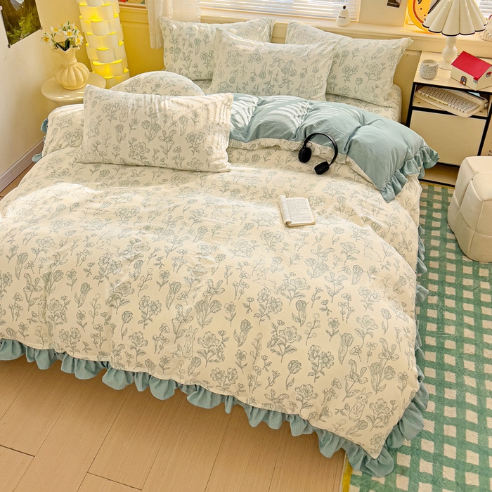 91家纺网 家纺一手货源 找家纺 纽缦家纺 2026新款云感提花双层纱韩版床单三件套四件套 海像森林