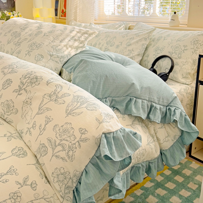 91家纺网 家纺一手货源 找家纺 纽缦家纺 2026新款云感提花双层纱韩版床单三件套四件套 海像森林