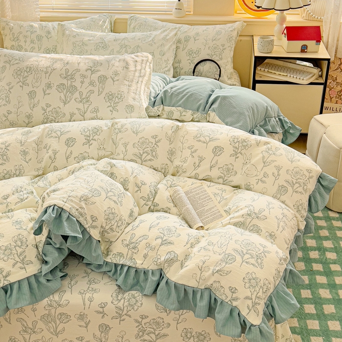 91家纺网 家纺一手货源 找家纺 纽缦家纺 2026新款云感提花双层纱韩版床单三件套四件套 海像森林