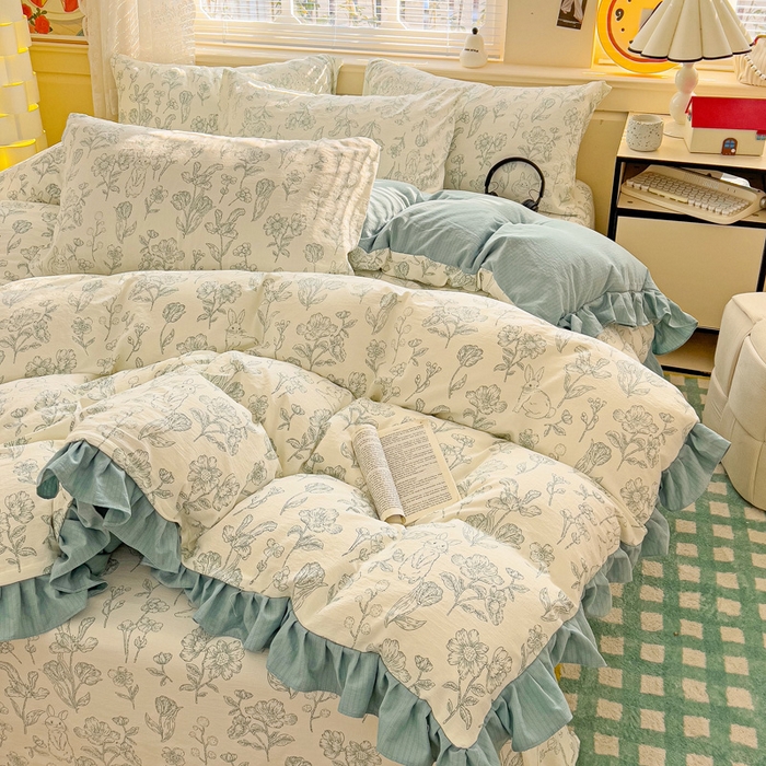 91家纺网 家纺一手货源 找家纺 纽缦家纺 2026新款云感提花双层纱韩版床单三件套四件套 海像森林