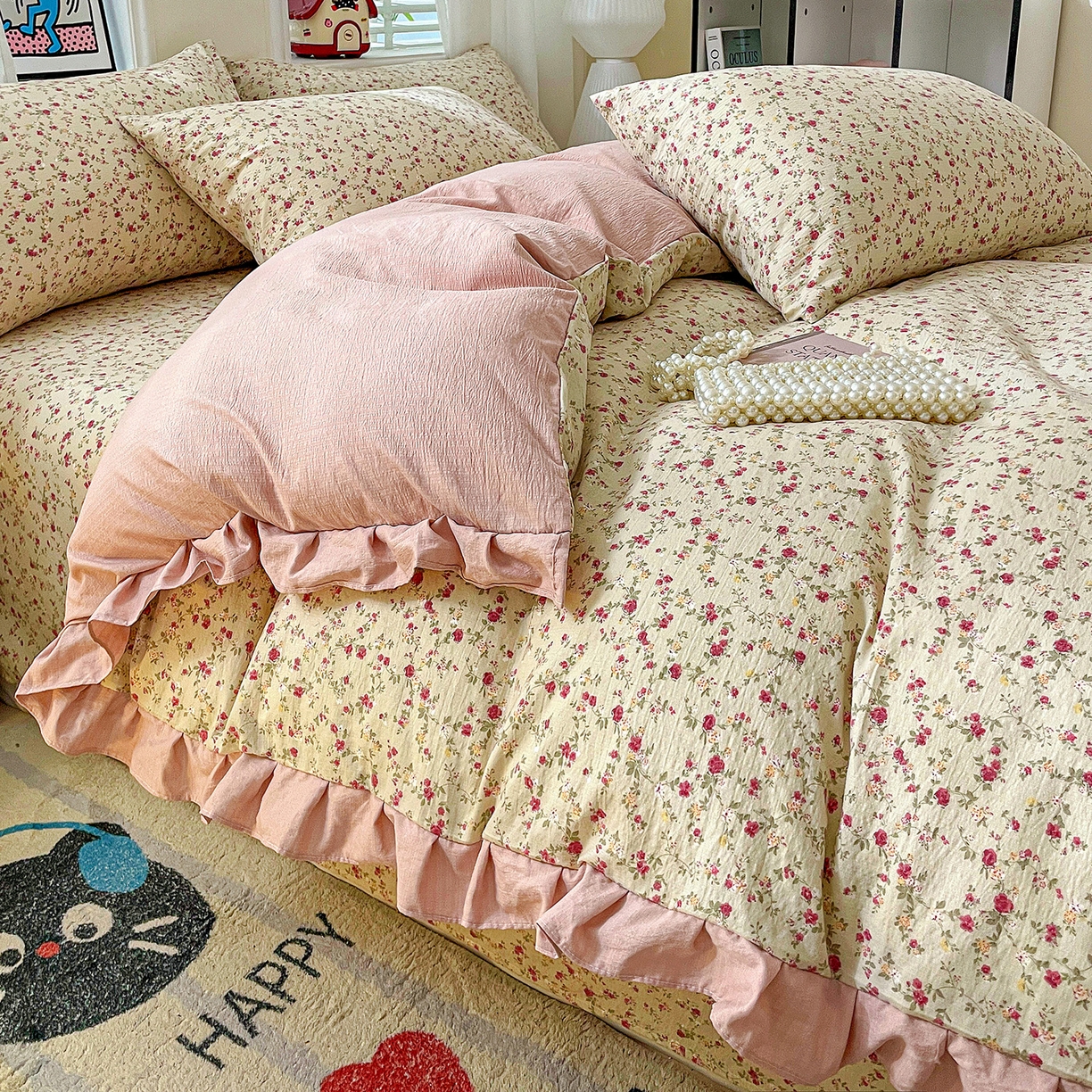 91家纺网 家纺一手货源 找家纺 纽缦家纺 2026新款云感提花双层纱韩版床单三件套四件套 见花则喜