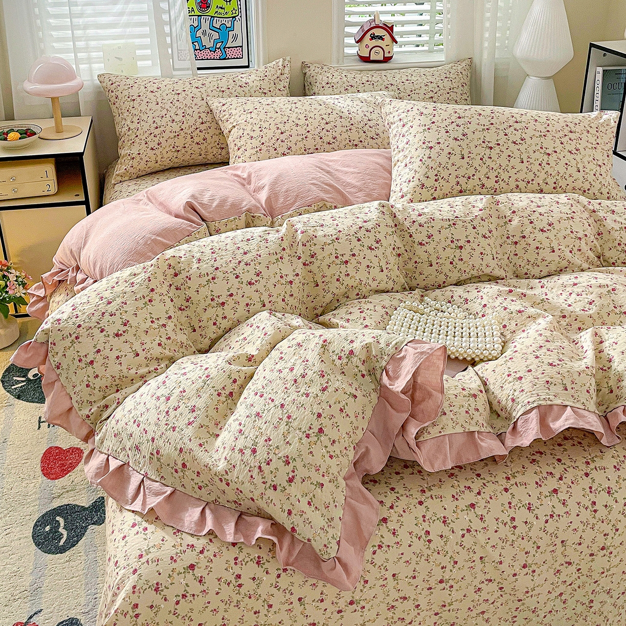 91家纺网 家纺一手货源 找家纺 纽缦家纺 2026新款云感提花双层纱韩版床单三件套四件套 见花则喜