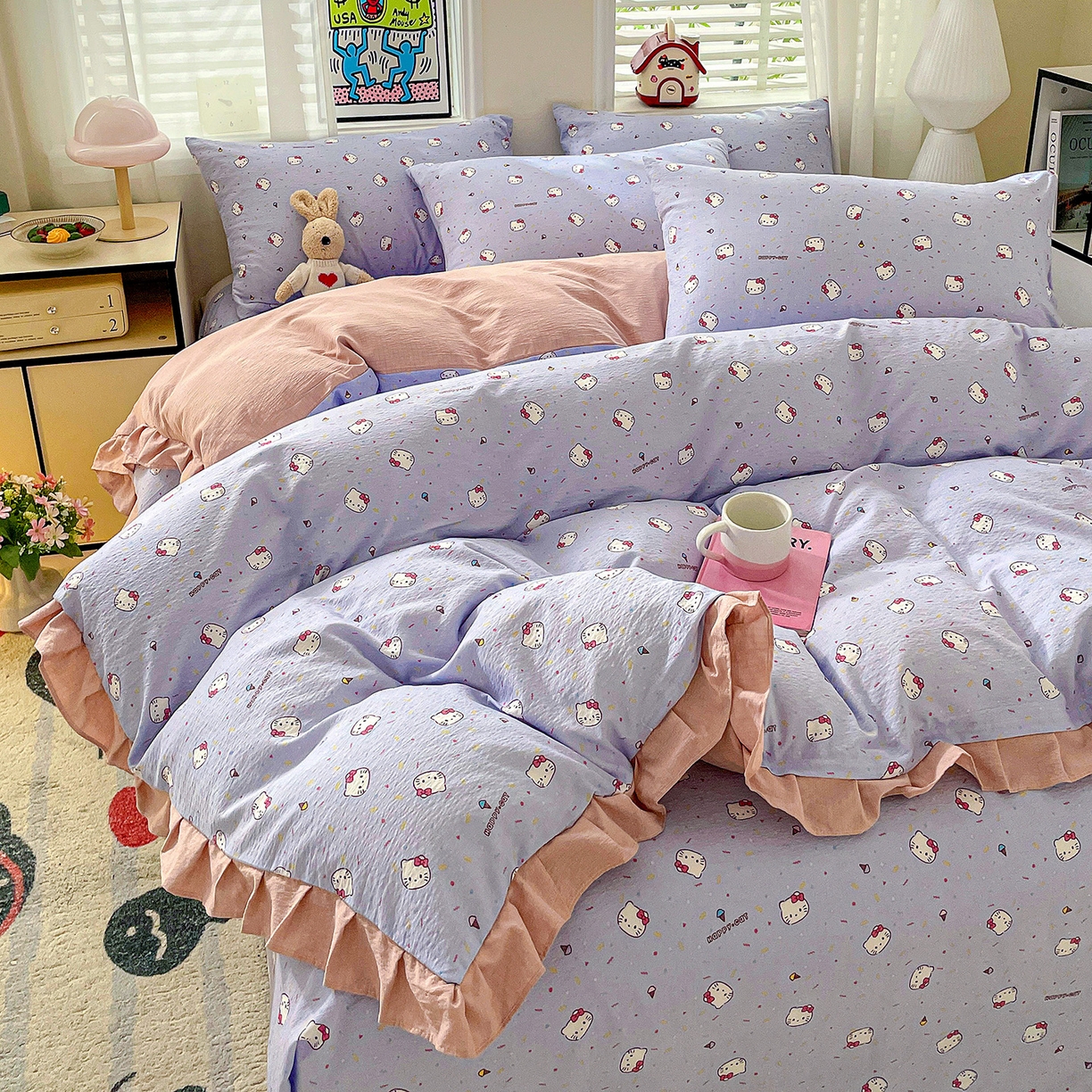 91家纺网 家纺一手货源 找家纺 纽缦家纺 2026新款云感提花双层纱韩版床单三件套四件套 蓝莓奶糖