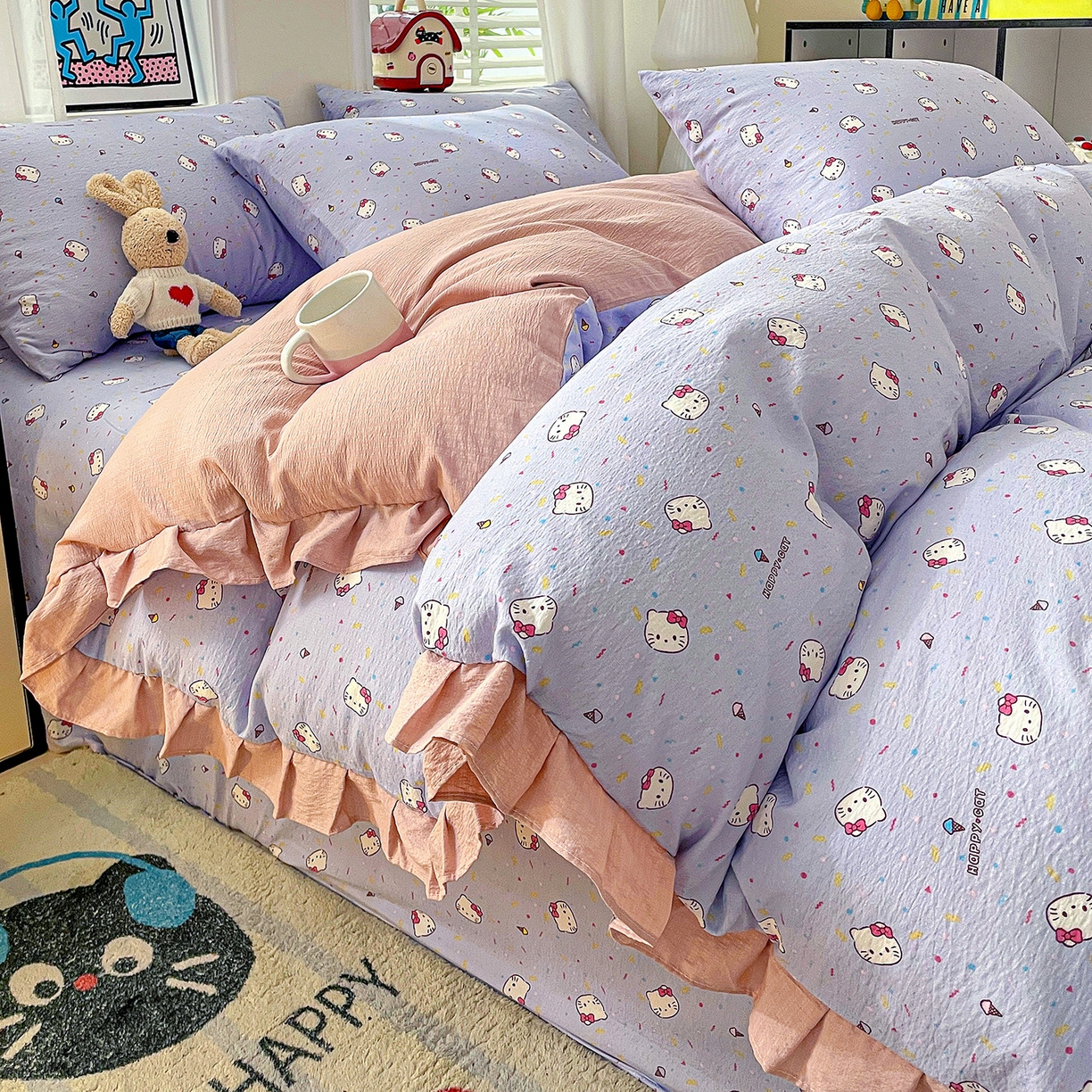 91家纺网 家纺一手货源 找家纺 纽缦家纺 2026新款云感提花双层纱韩版床单三件套四件套 蓝莓奶糖