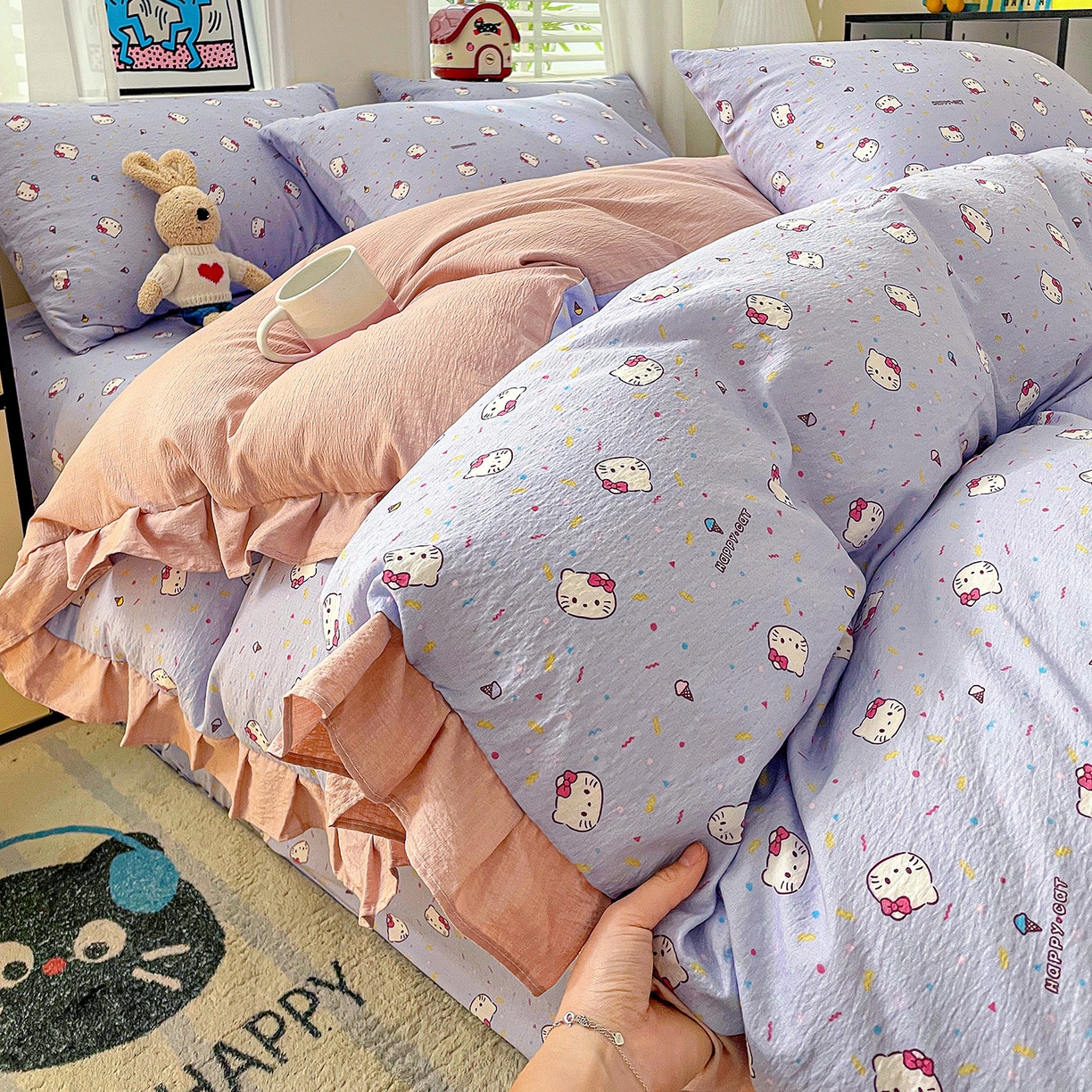 91家纺网 家纺一手货源 找家纺 纽缦家纺 2026新款云感提花双层纱韩版床单三件套四件套 蓝莓奶糖