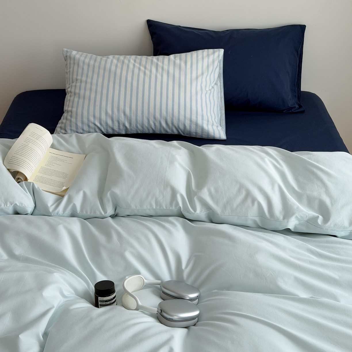 蜜宿 2026新款纯色混搭全棉纯棉40s水洗棉四件套 气泡森林（枕套蓝绿竖条+海蓝）