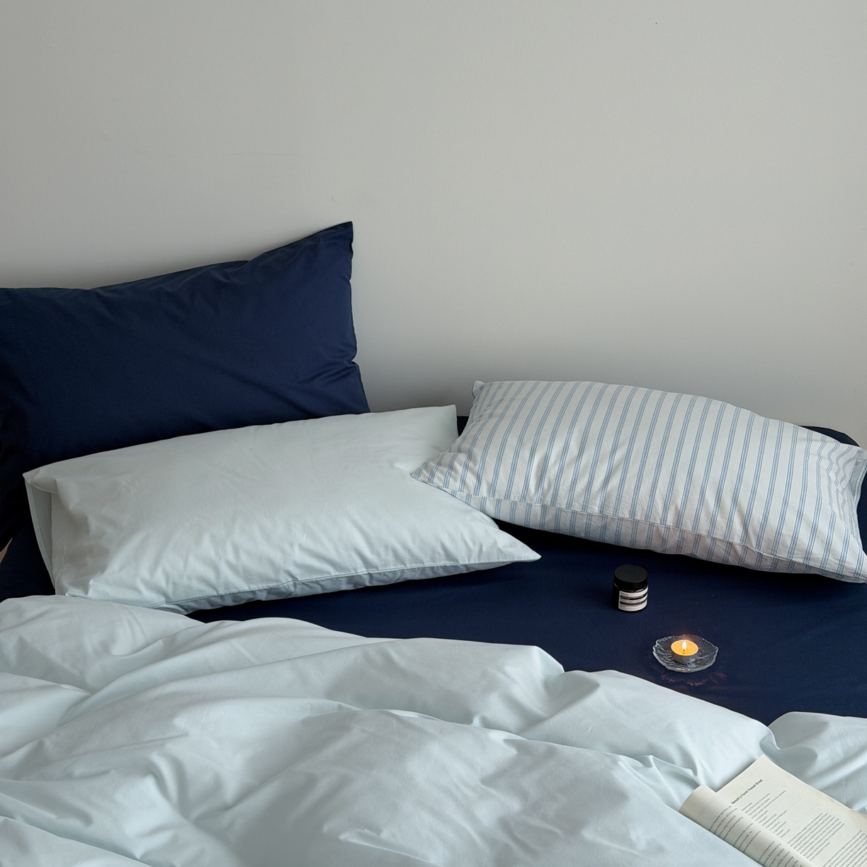 91家纺网 家纺一手货源 找家纺 蜜宿 2026新款纯色混搭全棉纯棉40s水洗棉四件套 气泡森林（枕套蓝绿竖条+海蓝）