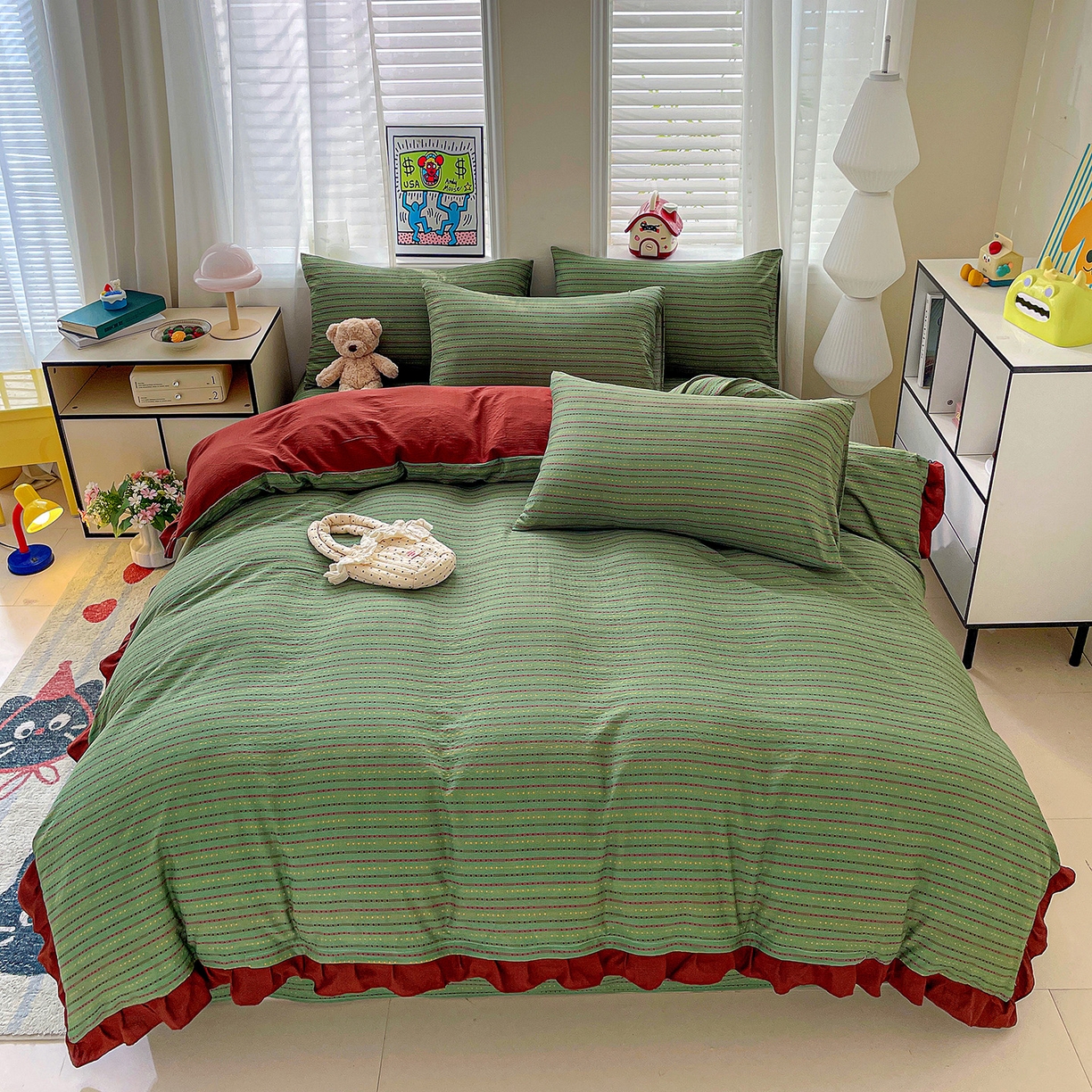 纽缦家纺 2026新款云感提花双层纱韩版床单三件套四件套 六子棋绿