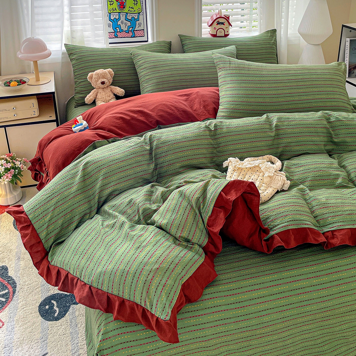 91家纺网 家纺一手货源 找家纺 纽缦家纺 2026新款云感提花双层纱韩版床单三件套四件套 六子棋绿