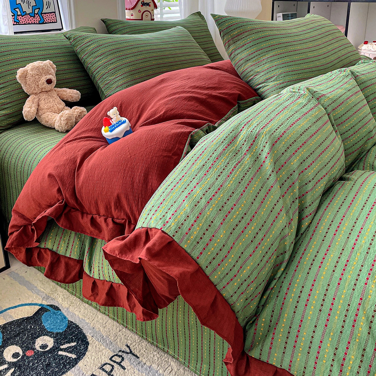 91家纺网 家纺一手货源 找家纺 纽缦家纺 2026新款云感提花双层纱韩版床单三件套四件套 六子棋绿