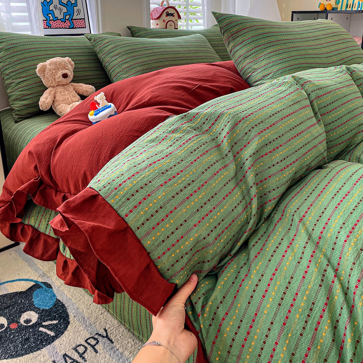 91家纺网 家纺一手货源 找家纺 纽缦家纺 2026新款云感提花双层纱韩版床单三件套四件套 六子棋绿