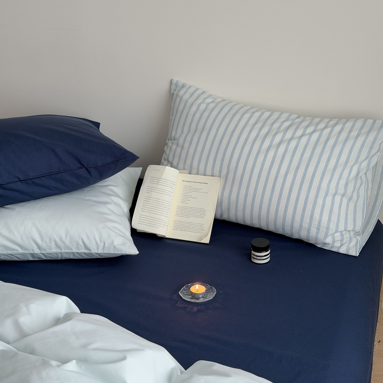 91家纺网 家纺一手货源 找家纺 蜜宿 2026新款纯色混搭全棉纯棉40s水洗棉四件套 气泡森林（枕套蓝绿竖条+海蓝）