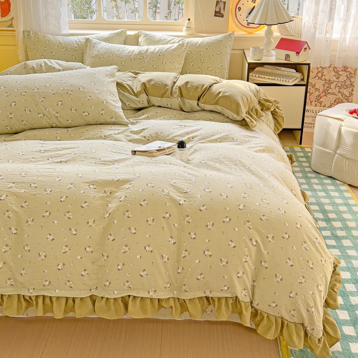 91家纺网 家纺一手货源 找家纺 纽缦家纺 2026新款云感提花双层纱韩版床单三件套四件套 落日暮年绿