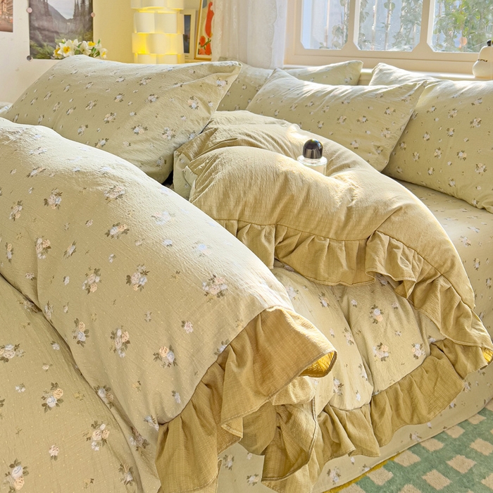 91家纺网 家纺一手货源 找家纺 纽缦家纺 2026新款云感提花双层纱韩版床单三件套四件套 落日暮年绿