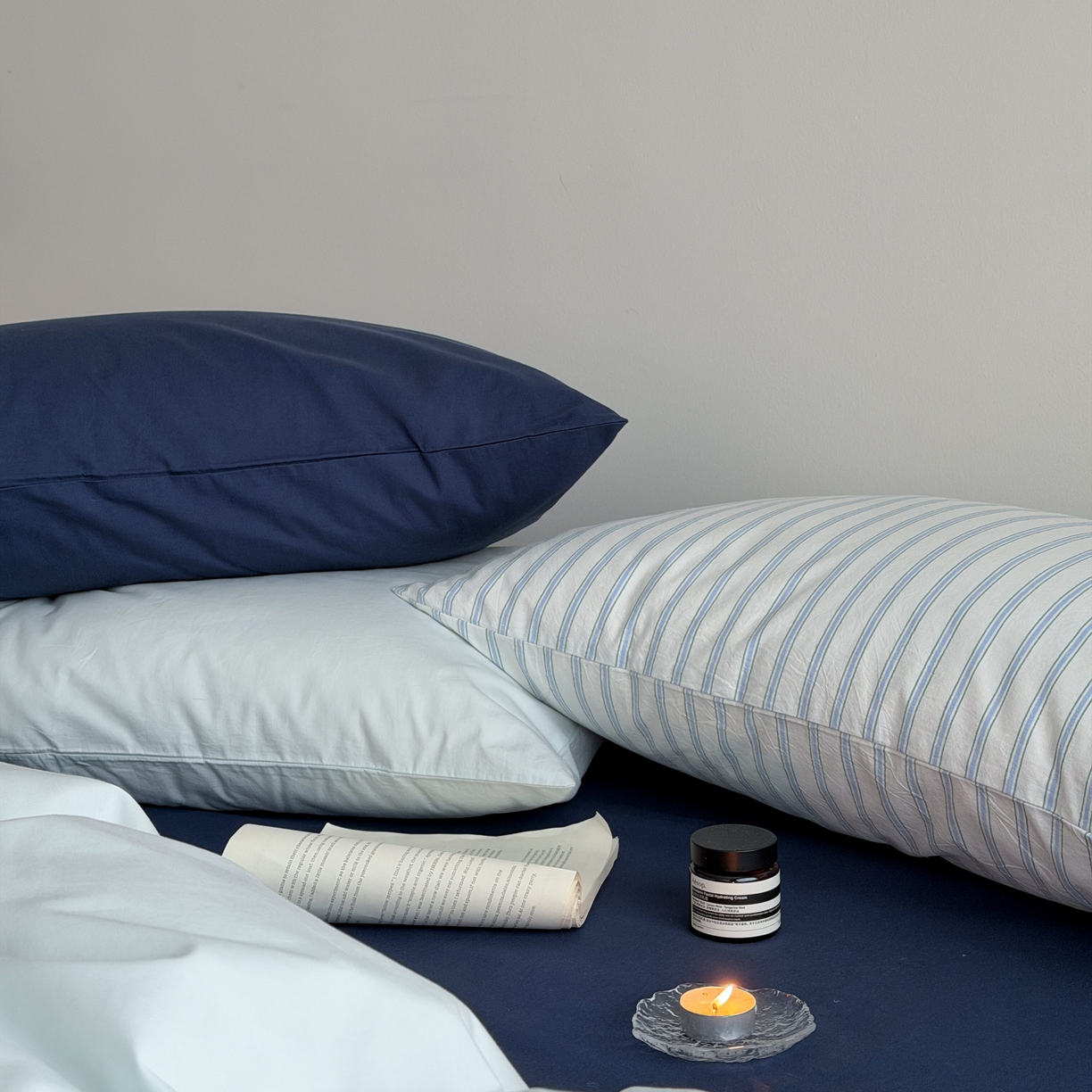 91家纺网 家纺一手货源 找家纺 蜜宿 2026新款纯色混搭全棉纯棉40s水洗棉四件套 气泡森林（枕套蓝绿竖条+海蓝）