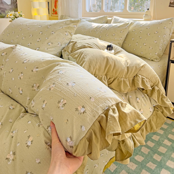 91家纺网 家纺一手货源 找家纺 纽缦家纺 2026新款云感提花双层纱韩版床单三件套四件套 落日暮年绿