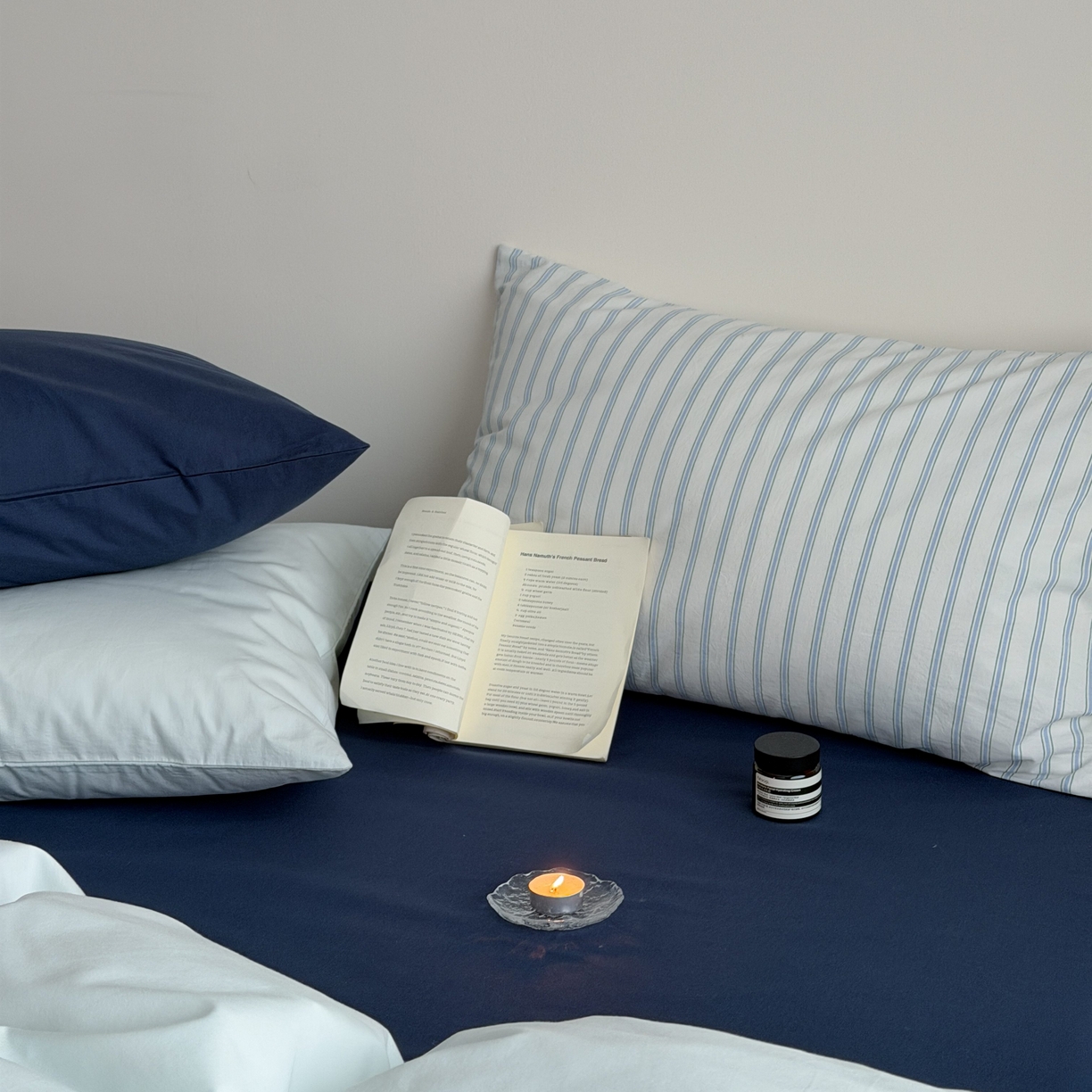 91家纺网 家纺一手货源 找家纺 蜜宿 2026新款纯色混搭全棉纯棉40s水洗棉四件套 气泡森林（枕套蓝绿竖条+海蓝）