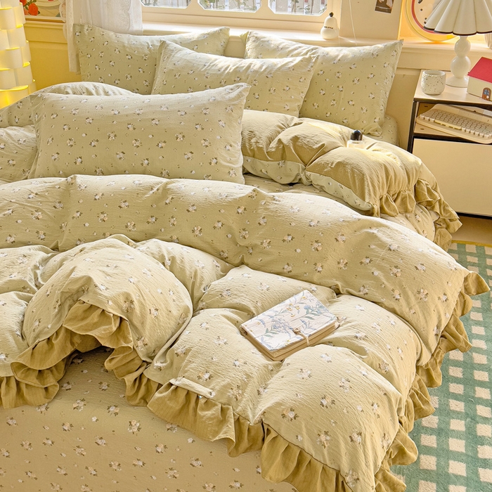 91家纺网 家纺一手货源 找家纺 纽缦家纺 2026新款云感提花双层纱韩版床单三件套四件套 落日暮年绿