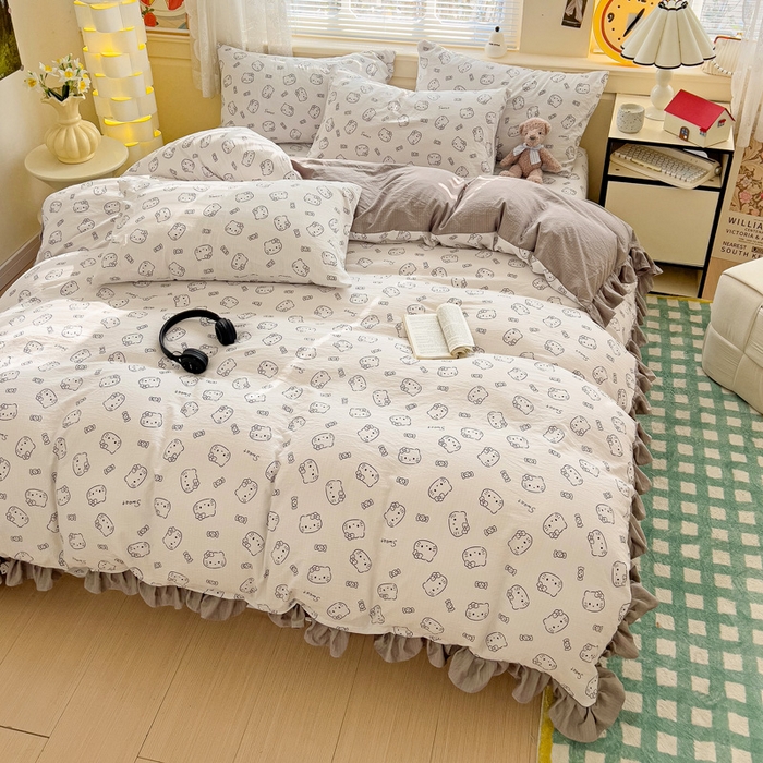 91家纺网 家纺一手货源 找家纺 纽缦家纺 2026新款云感提花双层纱韩版床单三件套四件套 猫咪恋人