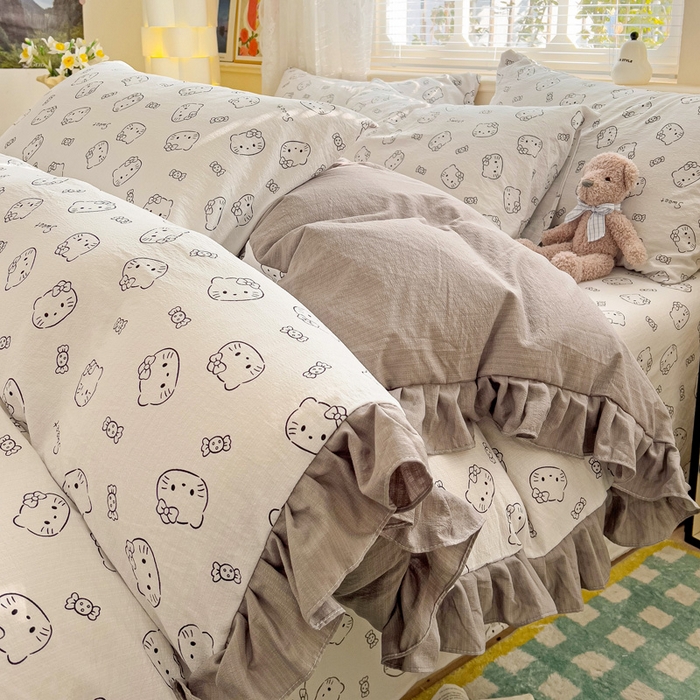 91家纺网 家纺一手货源 找家纺 纽缦家纺 2026新款云感提花双层纱韩版床单三件套四件套 猫咪恋人