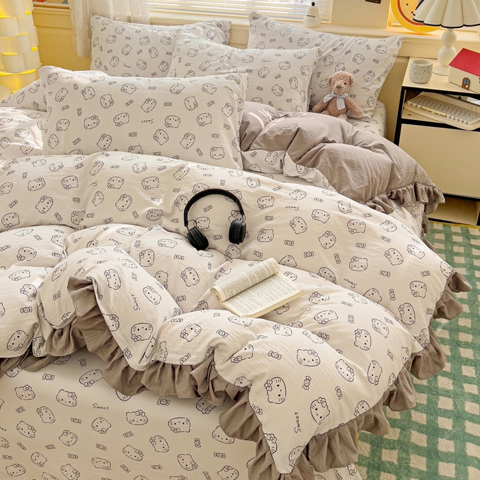 91家纺网 家纺一手货源 找家纺 纽缦家纺 2026新款云感提花双层纱韩版床单三件套四件套 猫咪恋人