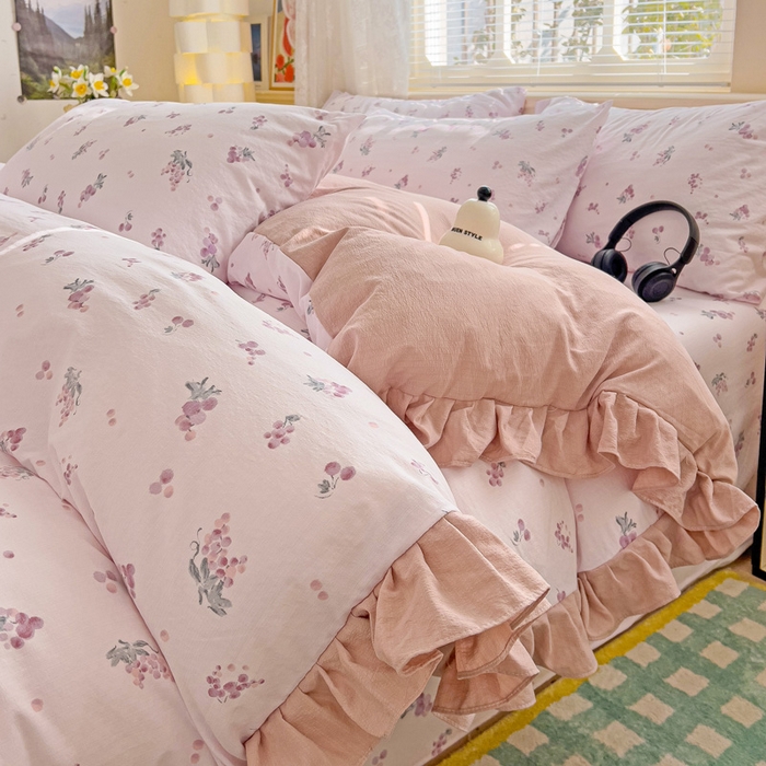 91家纺网 家纺一手货源 找家纺 纽缦家纺 2026新款云感提花双层纱韩版床单三件套四件套 葡萄七分甜