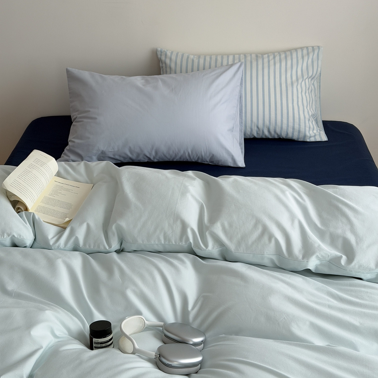 蜜宿 2026新款纯色混搭全棉纯棉40s水洗棉四件套 气泡森林（枕套蓝绿竖条+微蓝）