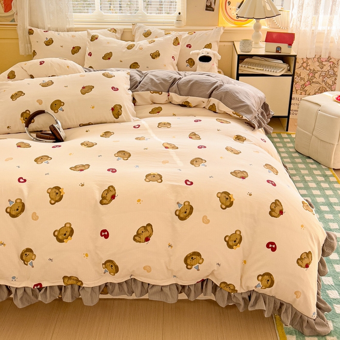 91家纺网 家纺一手货源 找家纺 纽缦家纺 2026新款云感提花双层纱韩版床单三件套四件套 奇妙小熊米