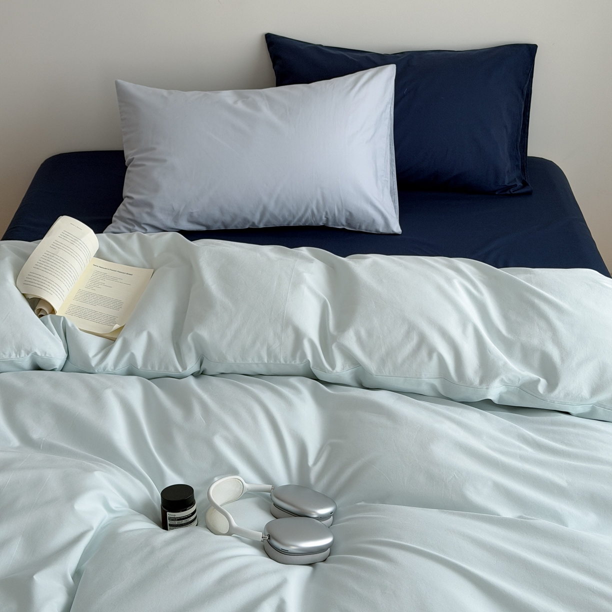 蜜宿 2026新款纯色混搭全棉纯棉40s水洗棉四件套 气泡森林（枕套微蓝+海蓝）