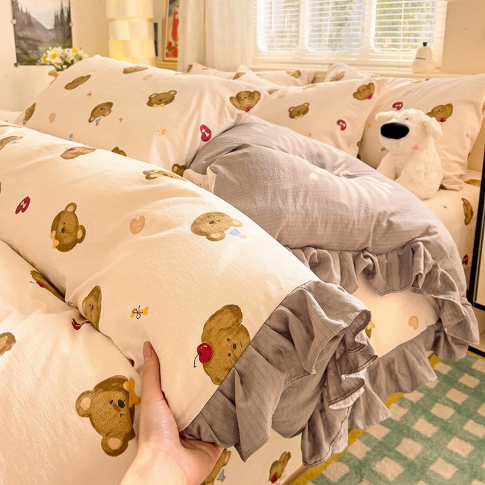 91家纺网 家纺一手货源 找家纺 纽缦家纺 2026新款云感提花双层纱韩版床单三件套四件套 奇妙小熊米