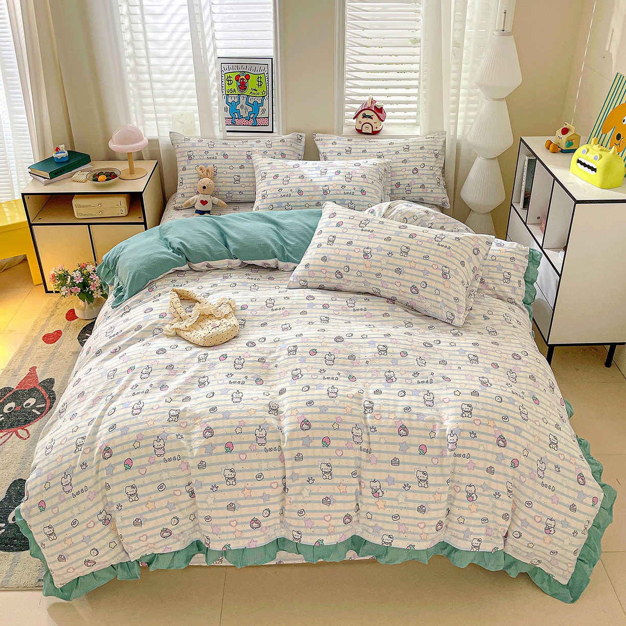 纽缦家纺 2026新款云感提花双层纱韩版床单三件套四件套 切块草莓猫