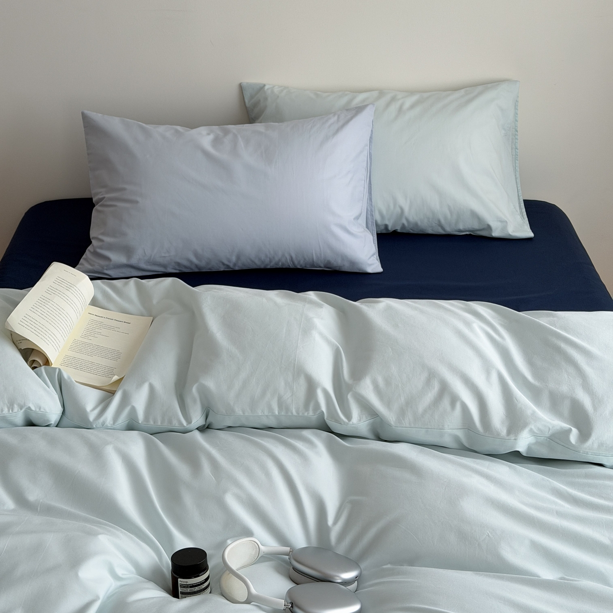 蜜宿 2026新款纯色混搭全棉纯棉40s水洗棉四件套 气泡森林（枕套微蓝+气泡绿）