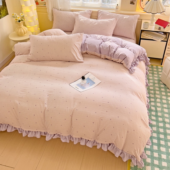 91家纺网 家纺一手货源 找家纺 纽缦家纺 2026新款云感提花双层纱韩版床单三件套四件套 倾心紫