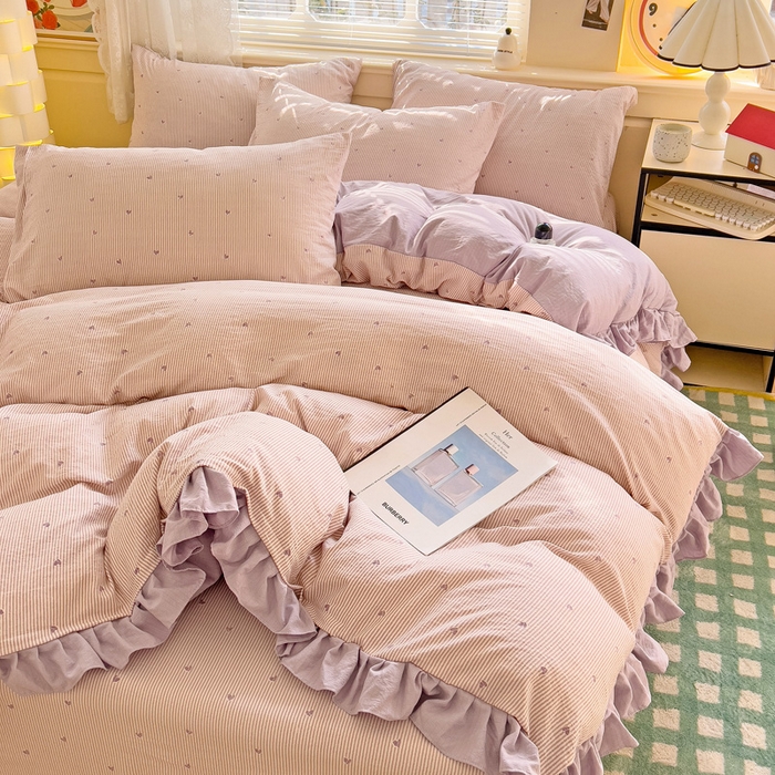 91家纺网 家纺一手货源 找家纺 纽缦家纺 2026新款云感提花双层纱韩版床单三件套四件套 倾心紫