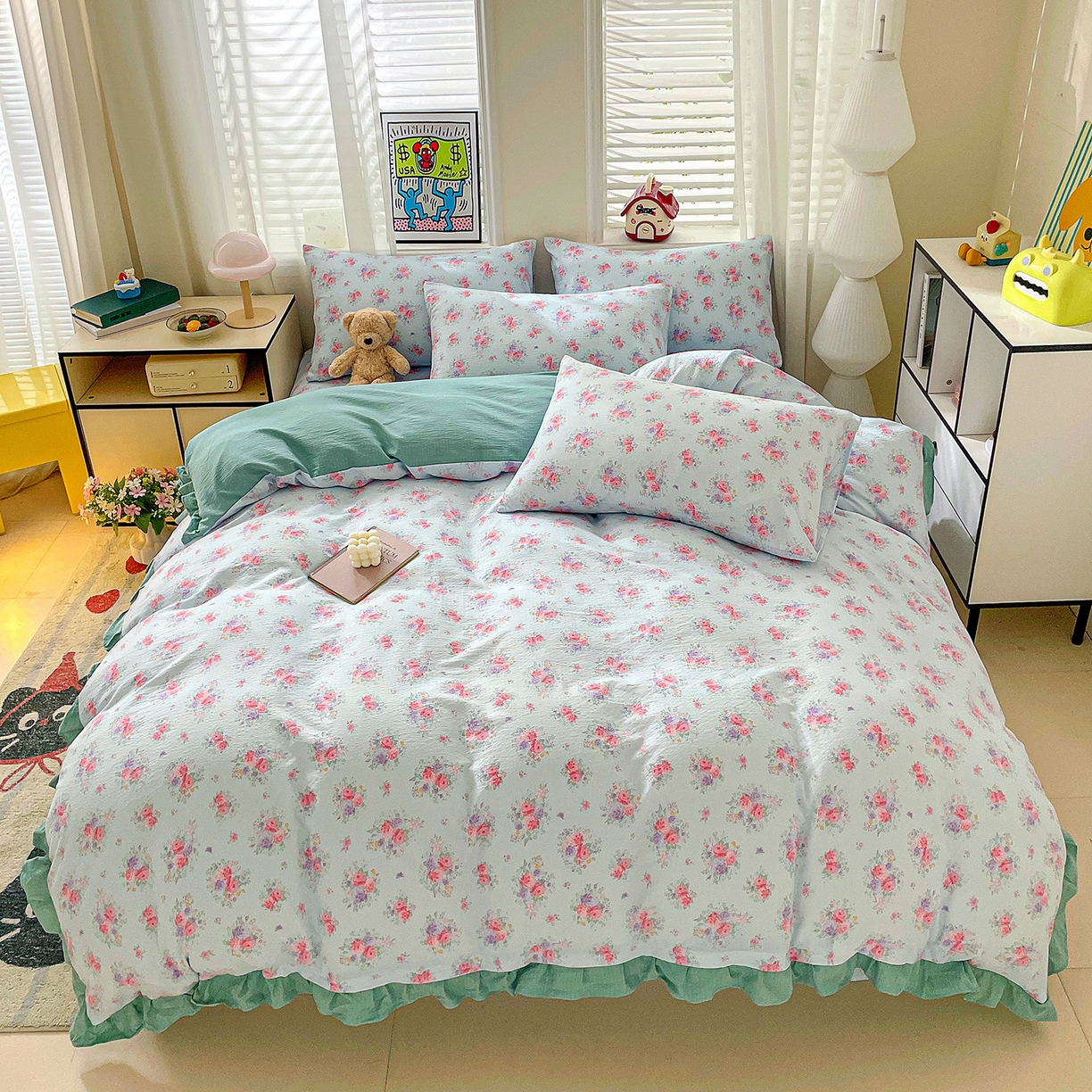 纽缦家纺 2026新款云感提花双层纱韩版床单三件套四件套 清风与雾蓝