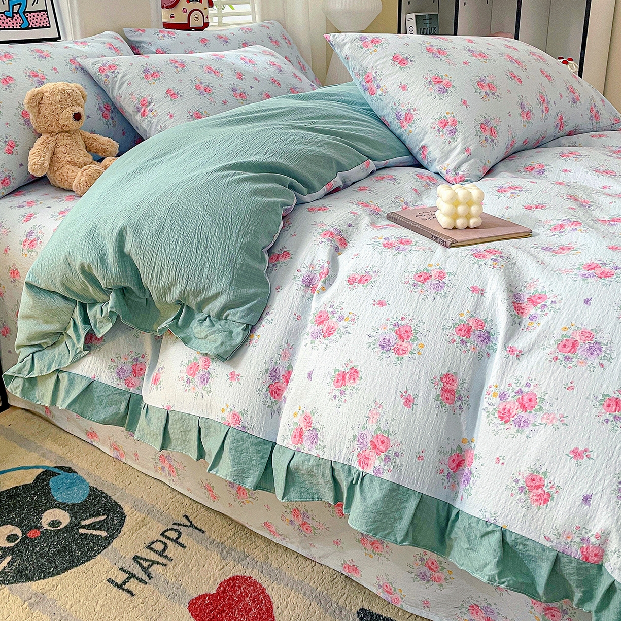 91家纺网 家纺一手货源 找家纺 纽缦家纺 2026新款云感提花双层纱韩版床单三件套四件套 清风与雾蓝