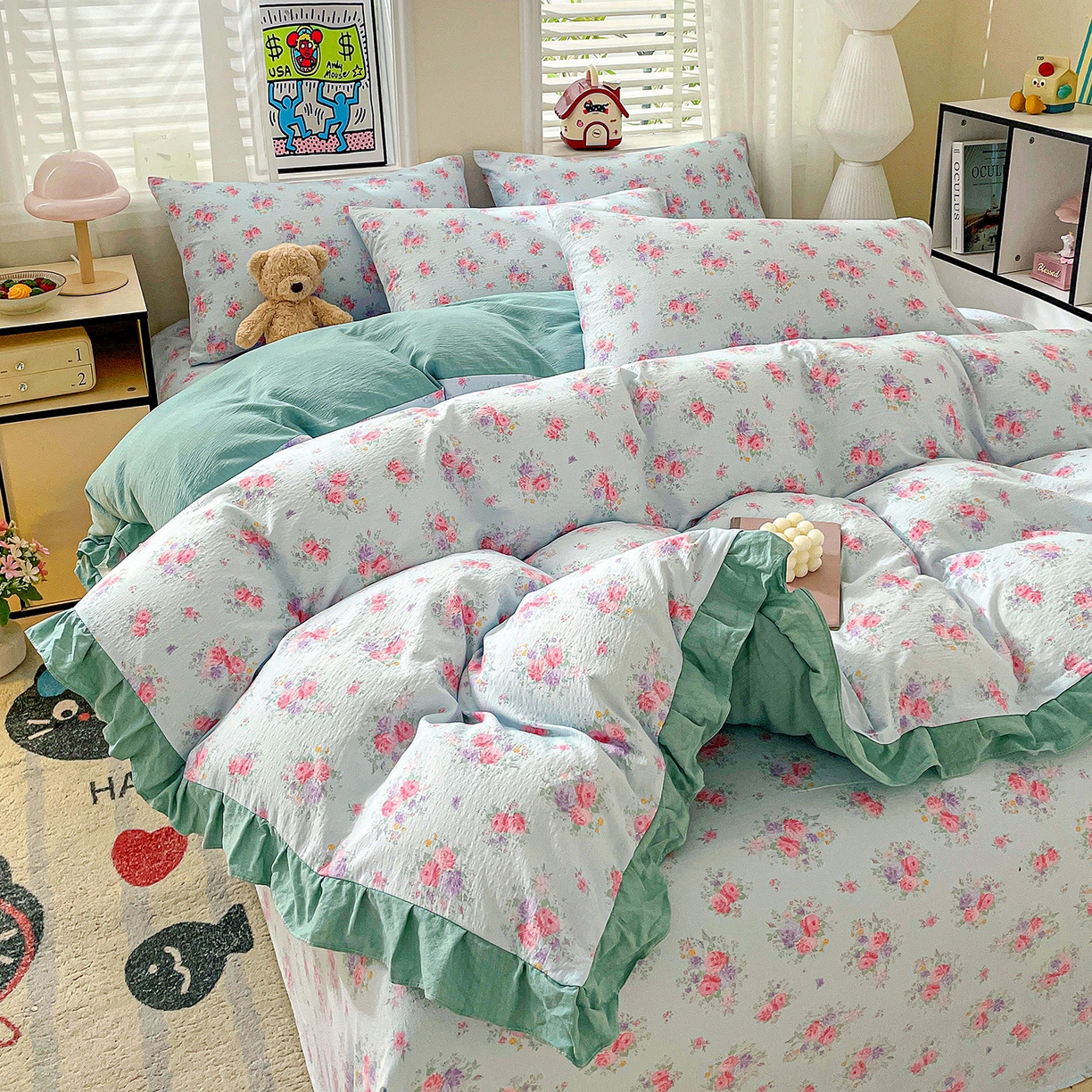 91家纺网 家纺一手货源 找家纺 纽缦家纺 2026新款云感提花双层纱韩版床单三件套四件套 清风与雾蓝