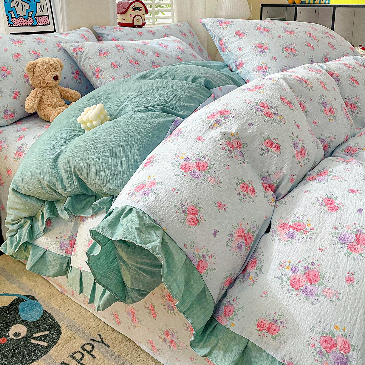 91家纺网 家纺一手货源 找家纺 纽缦家纺 2026新款云感提花双层纱韩版床单三件套四件套 清风与雾蓝