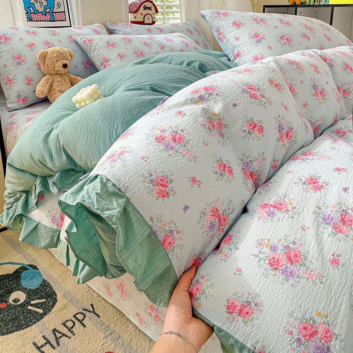 91家纺网 家纺一手货源 找家纺 纽缦家纺 2026新款云感提花双层纱韩版床单三件套四件套 清风与雾蓝