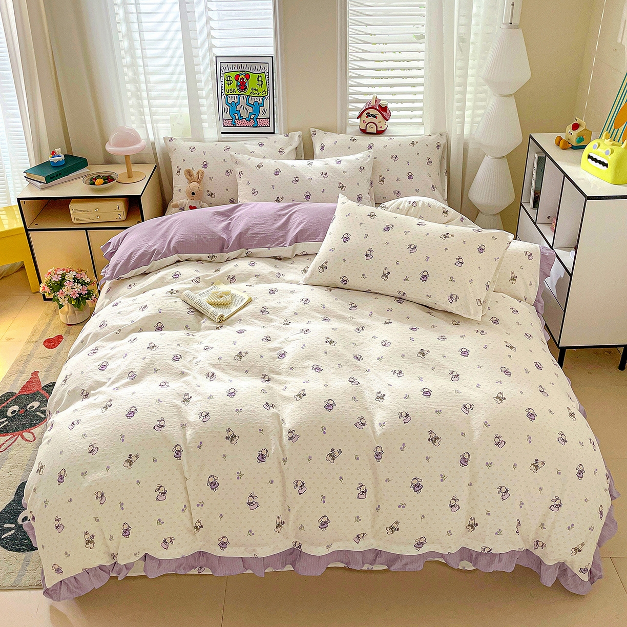 纽缦家纺 2026新款云感提花双层纱韩版床单三件套四件套 裙子小兔