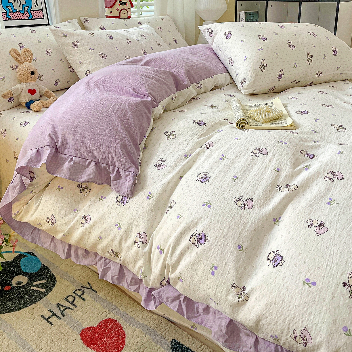 91家纺网 家纺一手货源 找家纺 纽缦家纺 2026新款云感提花双层纱韩版床单三件套四件套 裙子小兔