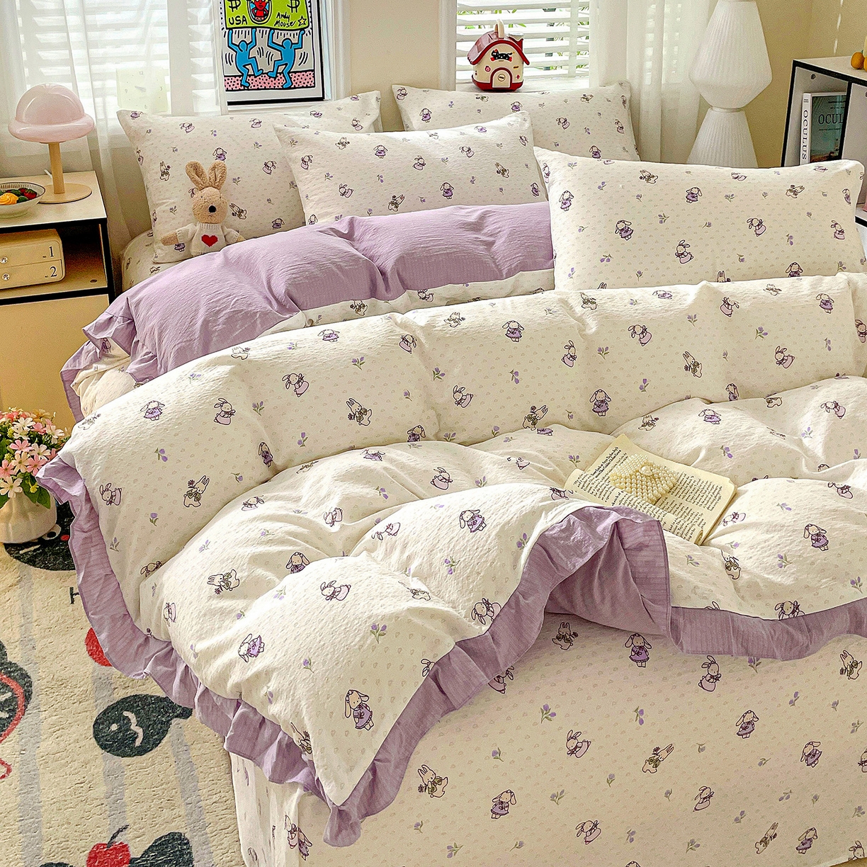 91家纺网 家纺一手货源 找家纺 纽缦家纺 2026新款云感提花双层纱韩版床单三件套四件套 裙子小兔