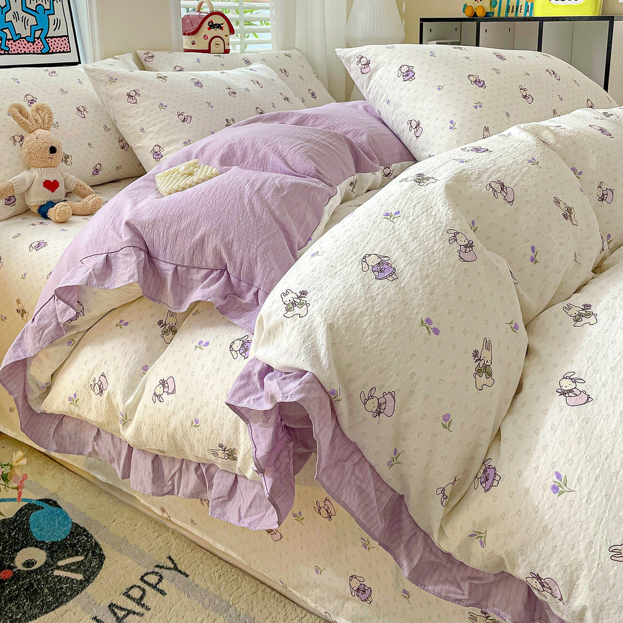 91家纺网 家纺一手货源 找家纺 纽缦家纺 2026新款云感提花双层纱韩版床单三件套四件套 裙子小兔