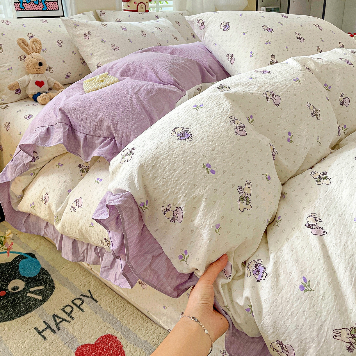 91家纺网 家纺一手货源 找家纺 纽缦家纺 2026新款云感提花双层纱韩版床单三件套四件套 裙子小兔