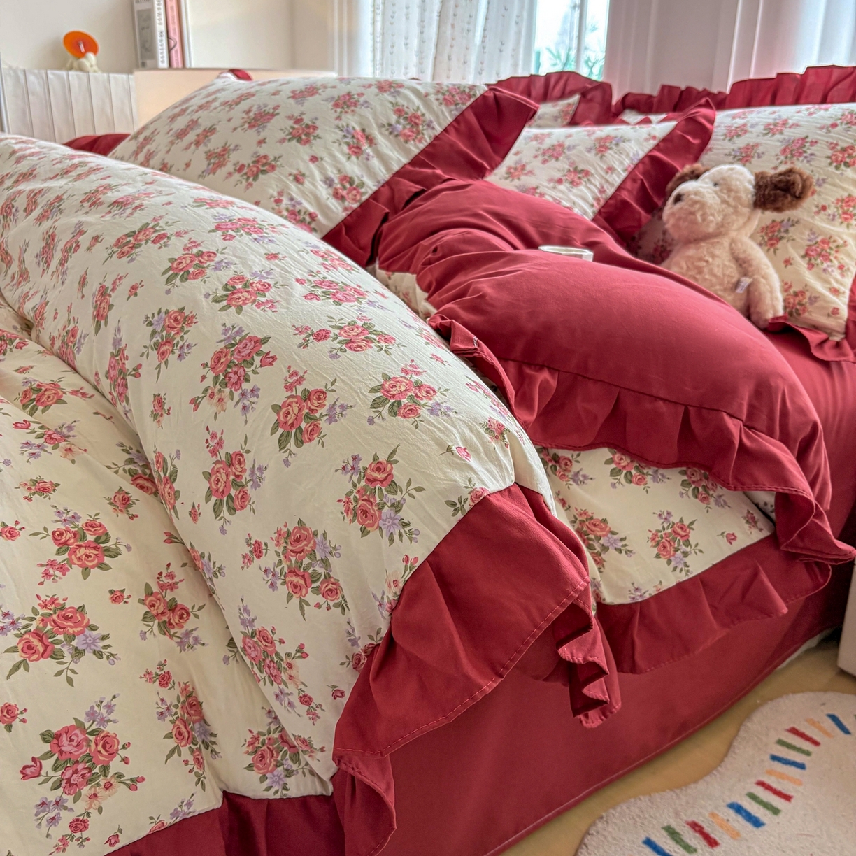 91家纺网 家纺一手货源 找家纺 （总）铠畅 2026春夏新款锦朵系列 韩版水洗棉小清新古棉床单床笠四件套