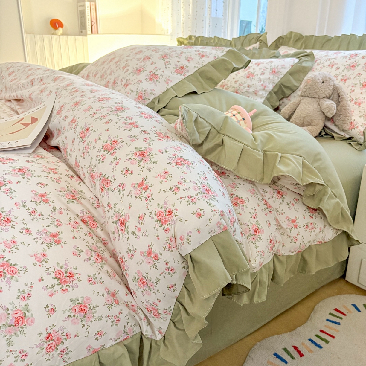 91家纺网 家纺一手货源 找家纺 （总）铠畅 2026春夏新款锦朵系列 韩版水洗棉小清新古棉床单床笠四件套