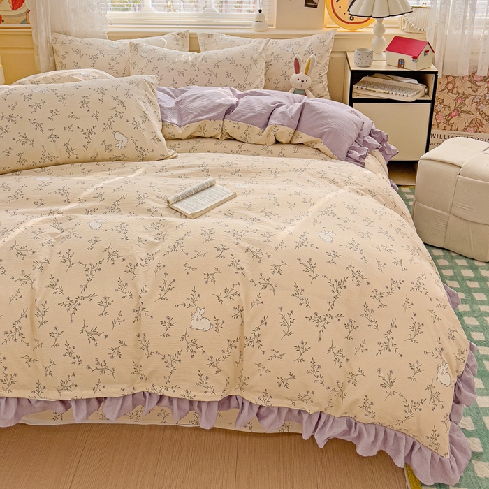 91家纺网 家纺一手货源 找家纺 纽缦家纺 2026新款云感提花双层纱韩版床单三件套四件套 森田野园