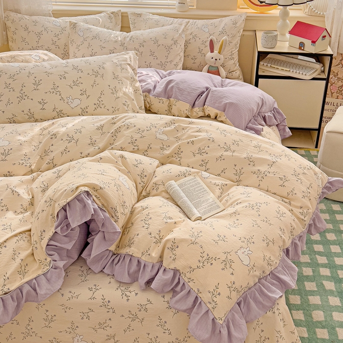 91家纺网 家纺一手货源 找家纺 纽缦家纺 2026新款云感提花双层纱韩版床单三件套四件套 森田野园